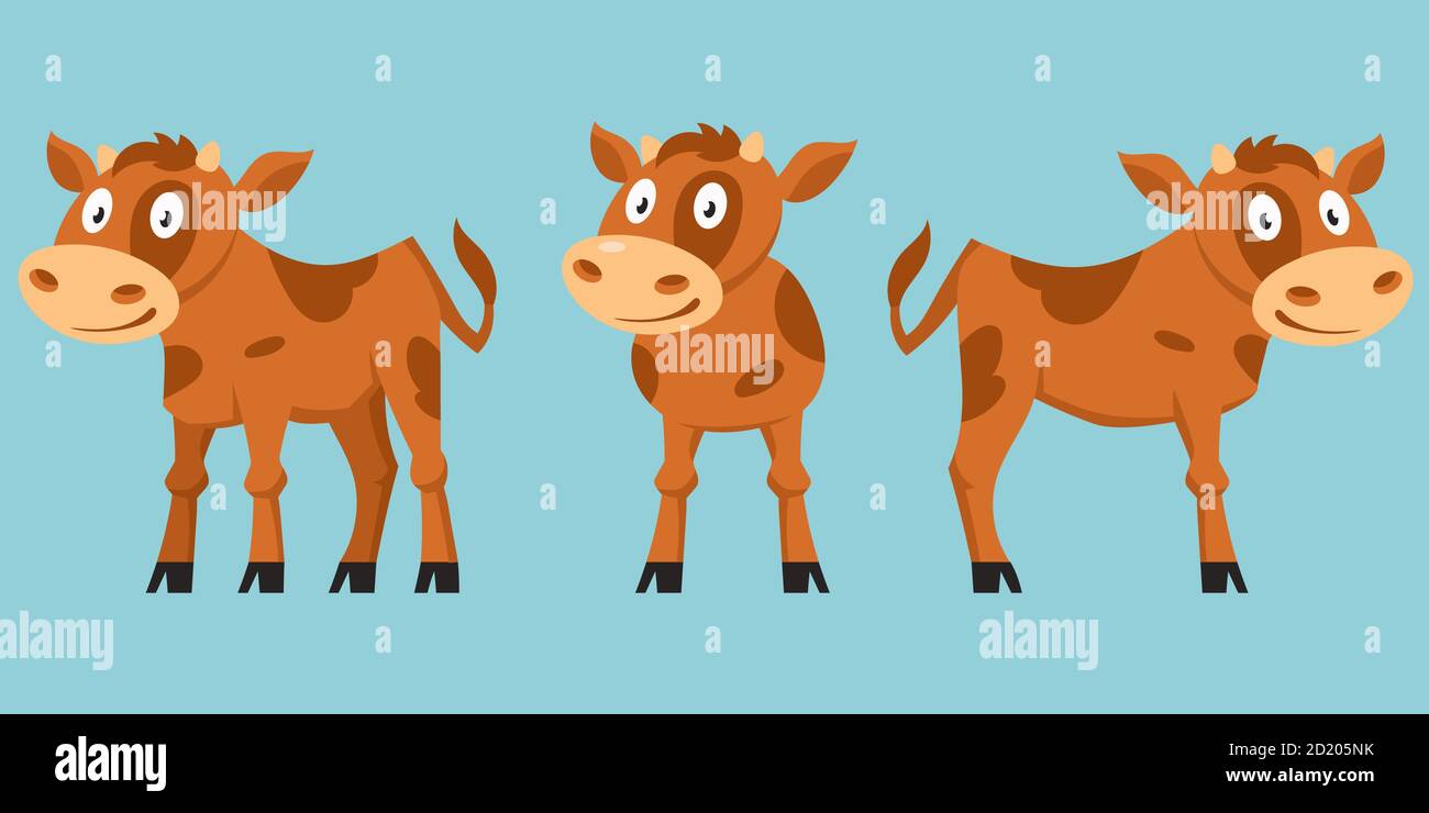 Veau dans différentes poses. Animal de ferme de style dessin animé. Illustration de Vecteur