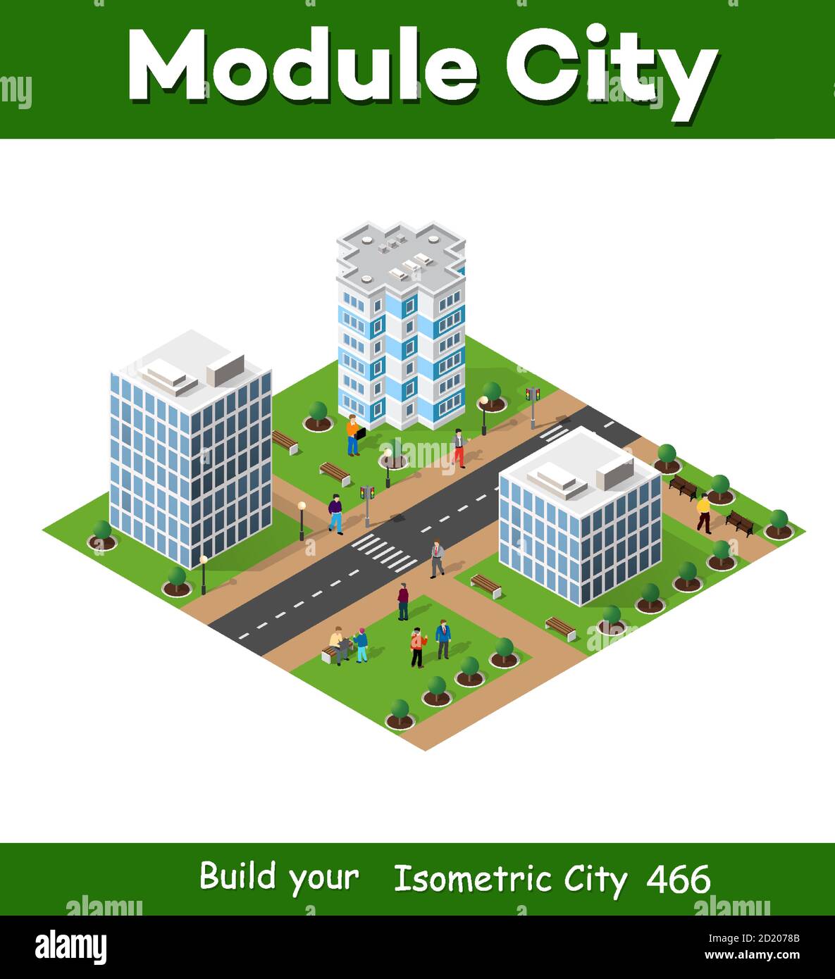 Paysage de ville isométrique 3D de maisons, de jardins et de rues Illustration de Vecteur