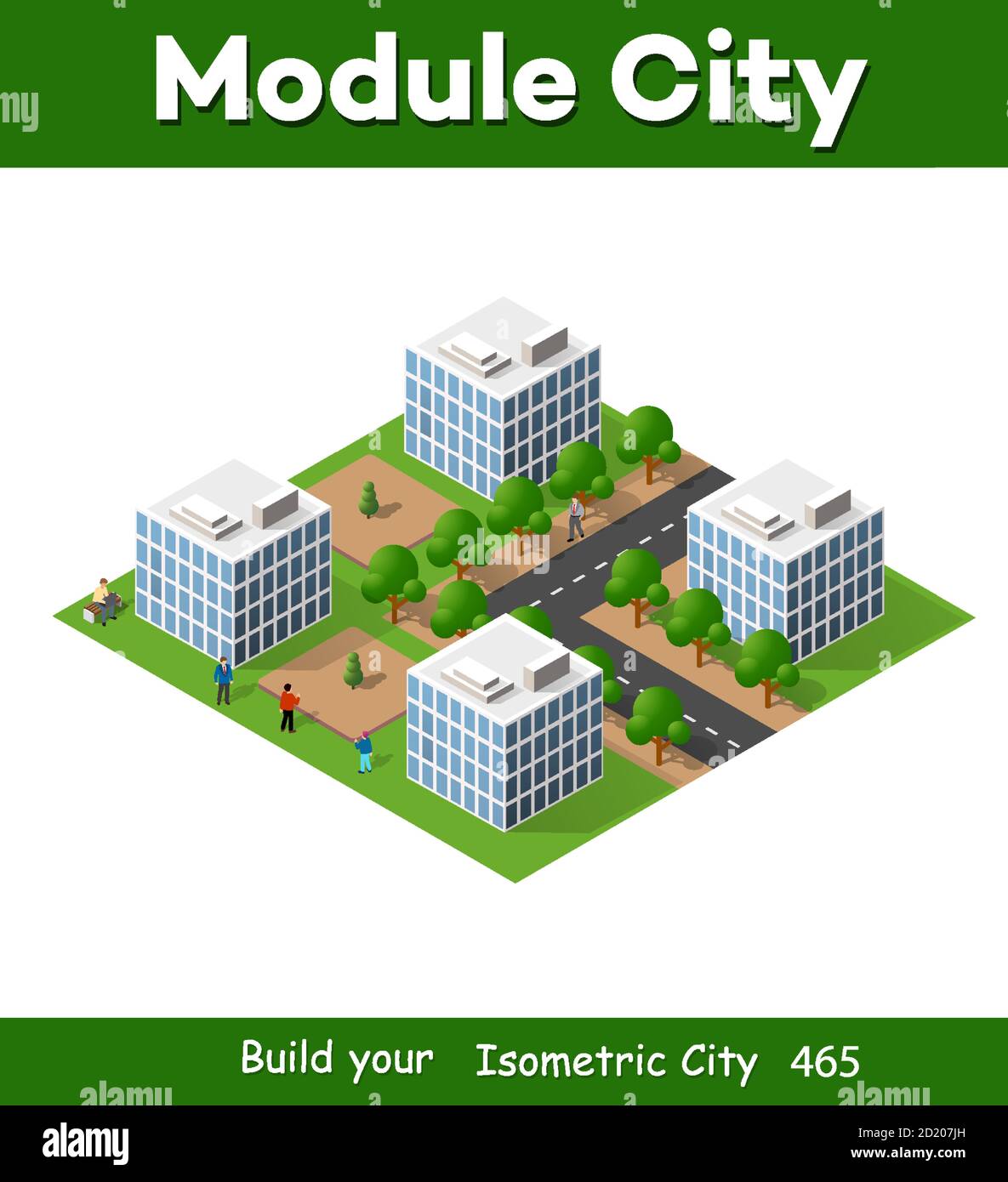 Paysage de ville isométrique 3D de maisons, de jardins et de rues Illustration de Vecteur