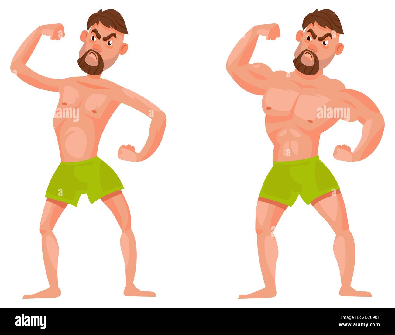 Homme avant et après aller à la salle de gym. Personnage masculin montrant des muscles. Illustration de Vecteur