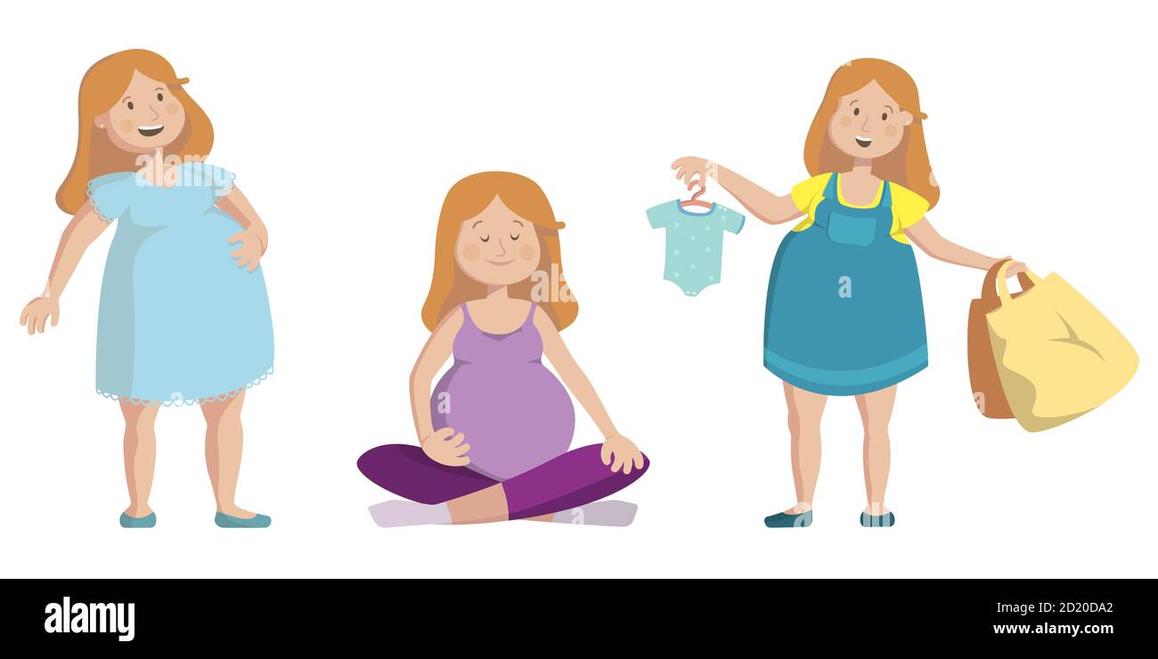 Ensemble vectoriel de femmes enceintes. Bonne mère pendant la grossesse. Illustrations de dessins animés isolées sur fond blanc. Illustration de Vecteur