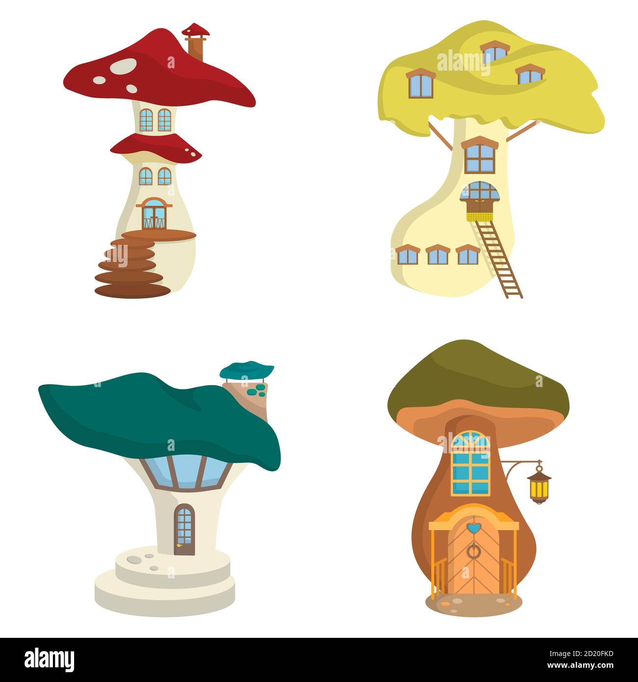 Ensemble de différentes maisons de champignons. Extérieur de conte de fées dans un style de dessin animé. Illustration de Vecteur