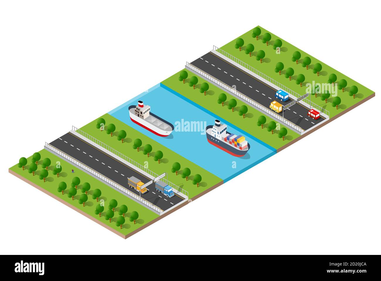 Ville moderne isométrique avec talus de rivière d'eau. Illustration de Vecteur