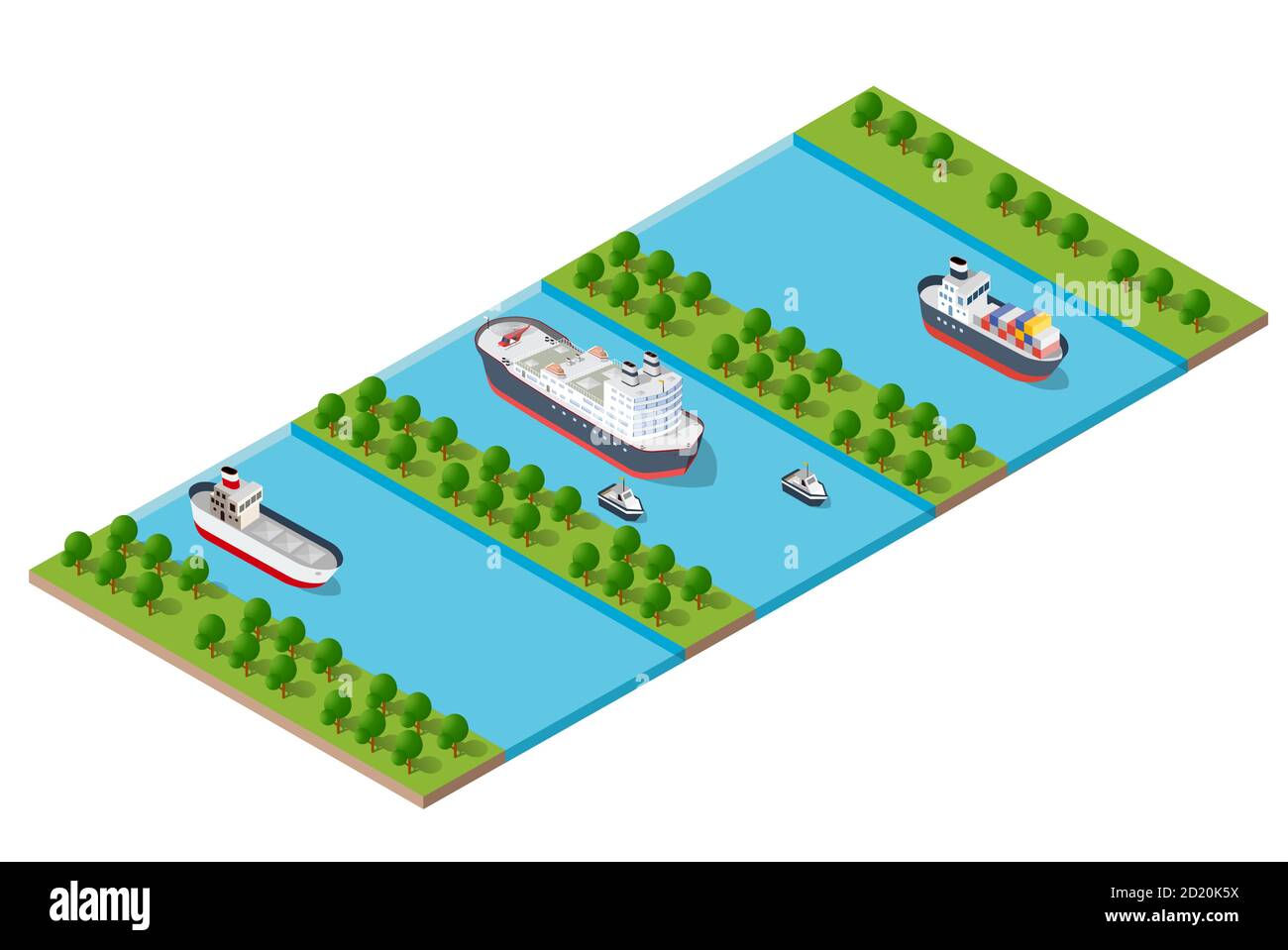 Ville moderne isométrique avec talus de rivière d'eau. Illustration de Vecteur