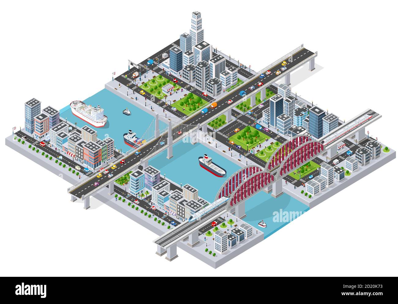 Illustration 3D isométrique ville avec talus de rivière avec Illustration de Vecteur