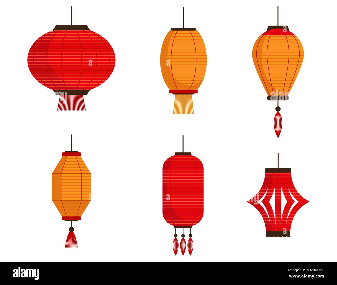 Ensemble vectoriel de lanternes chinoises. Lanternes en papier de style plat isolées sur fond blanc. Lanternes asiatiques classiques. Illustration de Vecteur