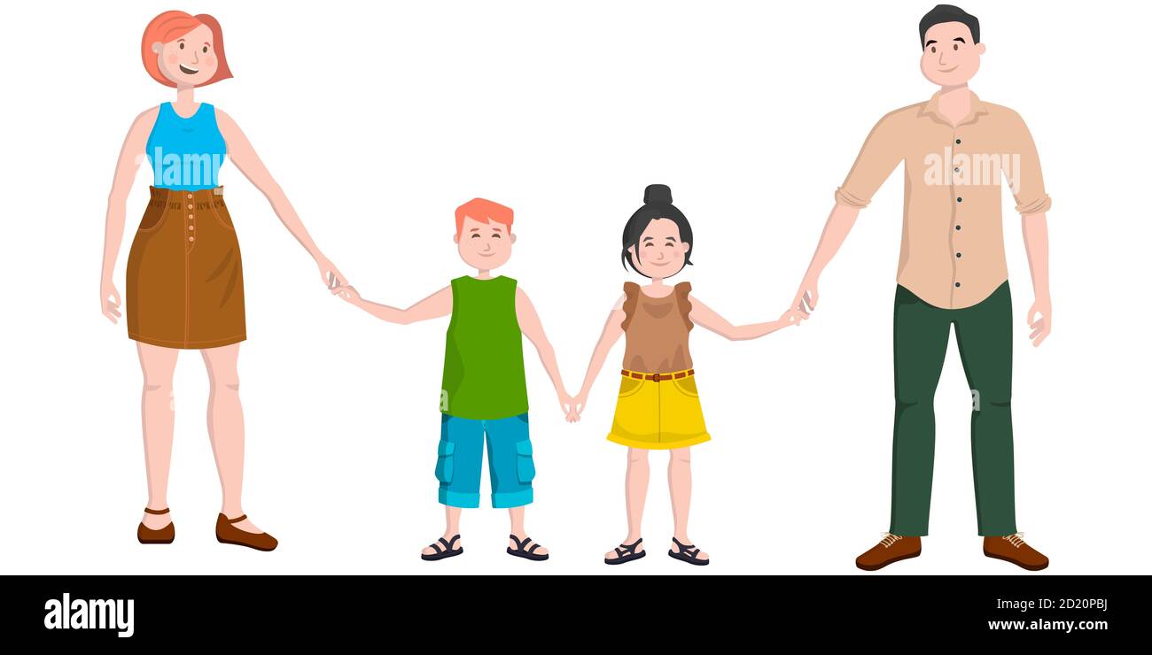 Famille sympathique dans un style de dessin animé. Mère, père, fils et fille tenant les mains. Illustration de Vecteur