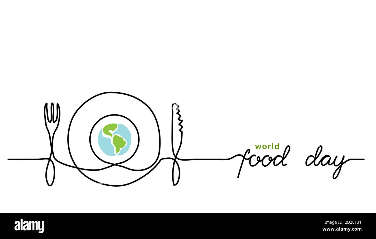 Concept de vacances de la Journée mondiale de la nourriture avec terre ou globe et assiette, couteau et fourchette. Illustration d'une seule ligne avec texte Food Day Illustration de Vecteur