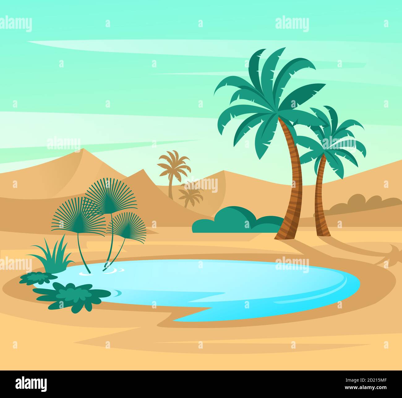 Oasis dans le désert. Paysage en design plat. Illustration vectorielle avec dunes de sable, lac bleu et palmiers. Illustration de Vecteur