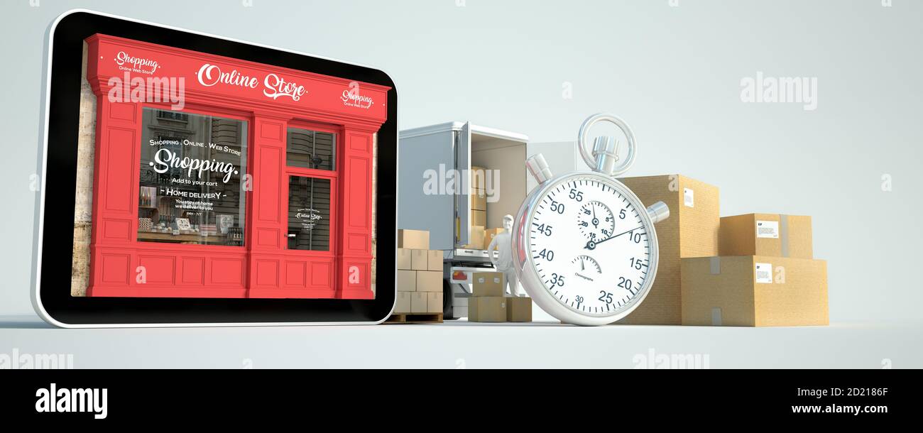 Rendu 3D d'une tablette avec une boutique et des liveurs, une camionnette avec des boîtes et un chronomètre Banque D'Images