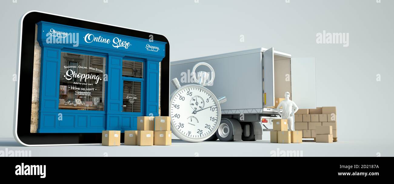 Rendu 3D d'une tablette avec une boutique et des liveurs, une camionnette avec des boîtes et un chronomètre Banque D'Images