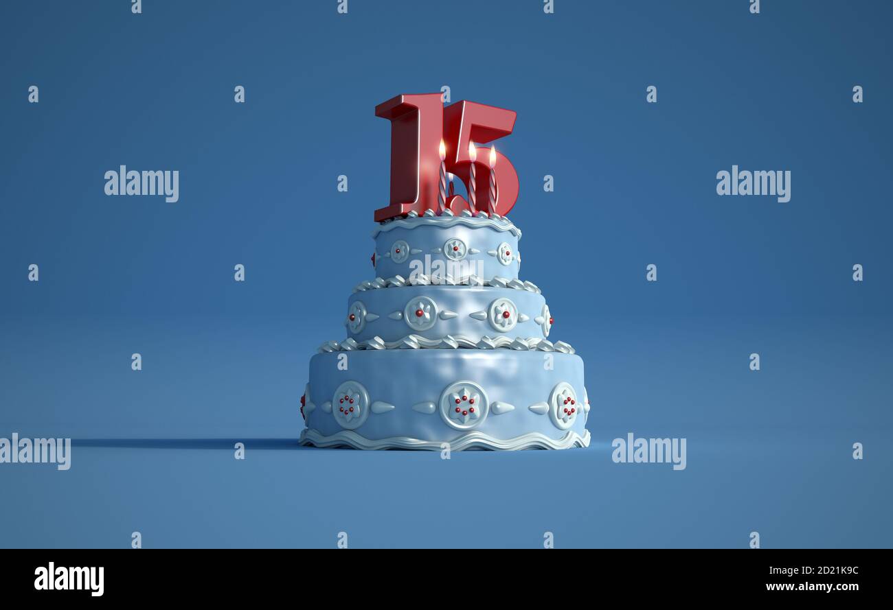 Rendu 3D d'un grand gâteau d'anniversaire bleu avec un le chiffre quinze en haut Banque D'Images