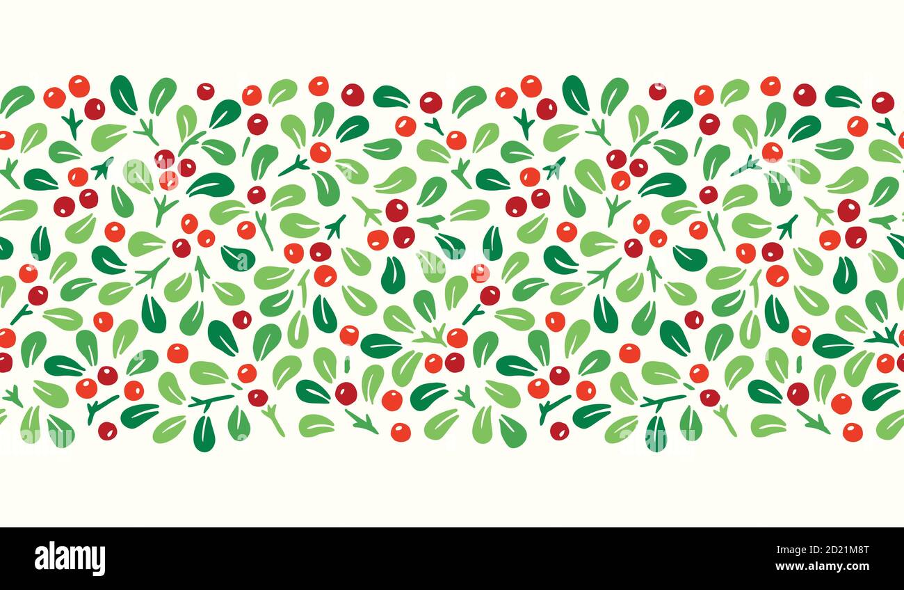 Main dessiné abstrait Noël Mistletoe Foliage horizontal Vector sans couture motif Bordure Illustration de Vecteur