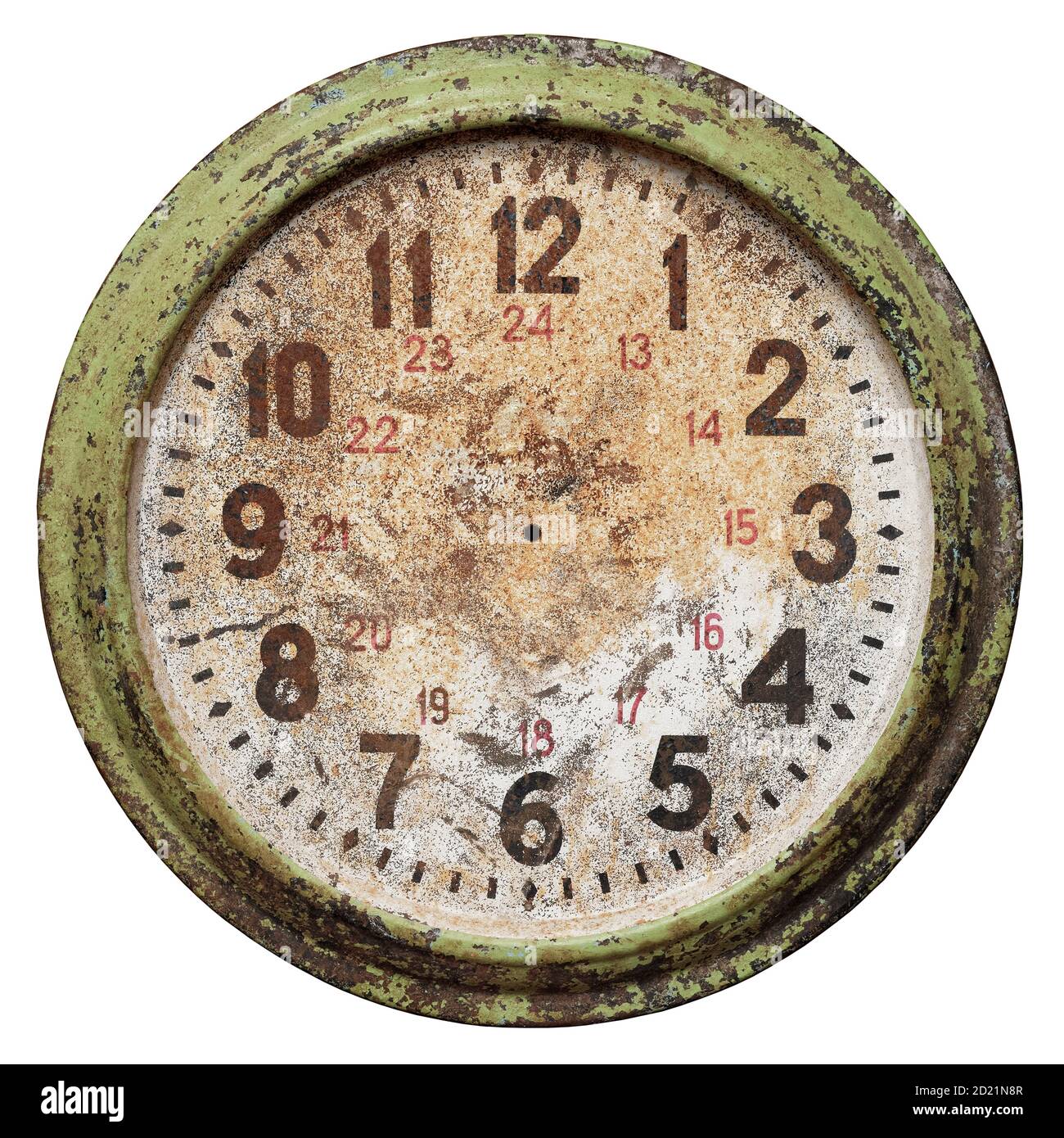 Très vieux cadran rond d'horloge murale sans les mains, isolé sur fond blanc Banque D'Images