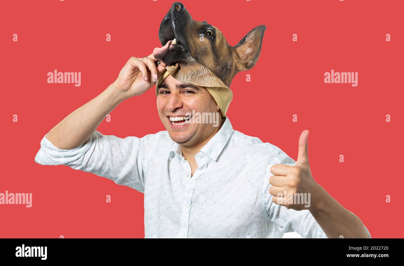 Homme prenant le masque de chien sourire et donnant les pouces vers le haut. Arrière-plan rouge isolé. Prise de vue moyenne. Banque D'Images