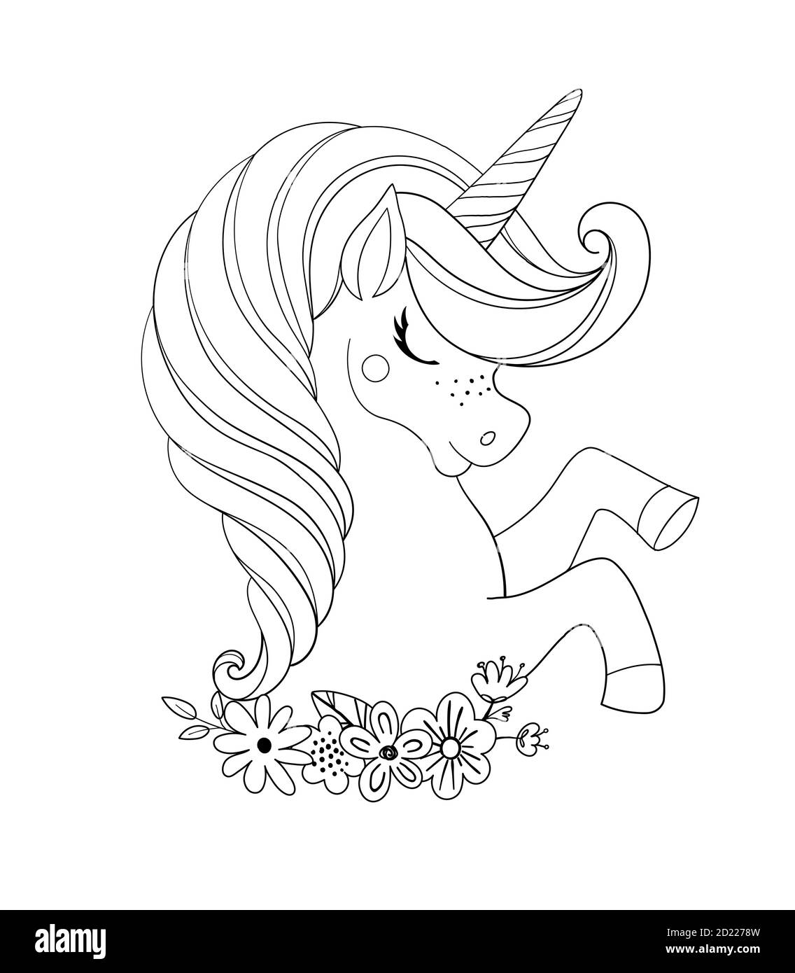 Tête de licorne avec fleurs. Beau portrait d'un cheval magique. Livre de coloriage de dessin pour une fille, esquisse linéaire pour la conception. Illustration vectorielle isolée sur fond blanc Illustration de Vecteur