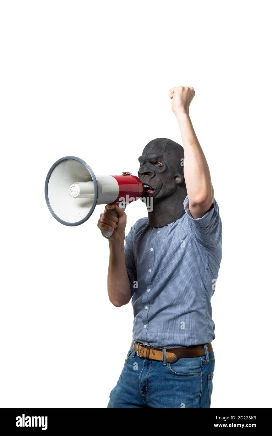 Homme dans le masque de gorille protestant contre le mégaphone. Découpe isolée sur fond blanc. Prise de vue moyenne. Vue latérale. Banque D'Images