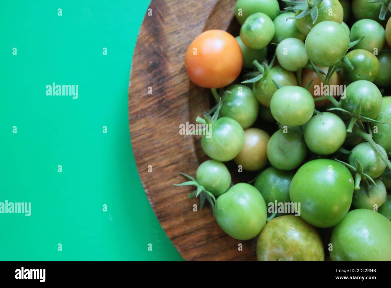 Tomates en gros plan, fruits frais mûrs juteux récoltés dans un jardin biologique dans un bol en bois, photo intérieure sur fond vert vif contrasté Banque D'Images