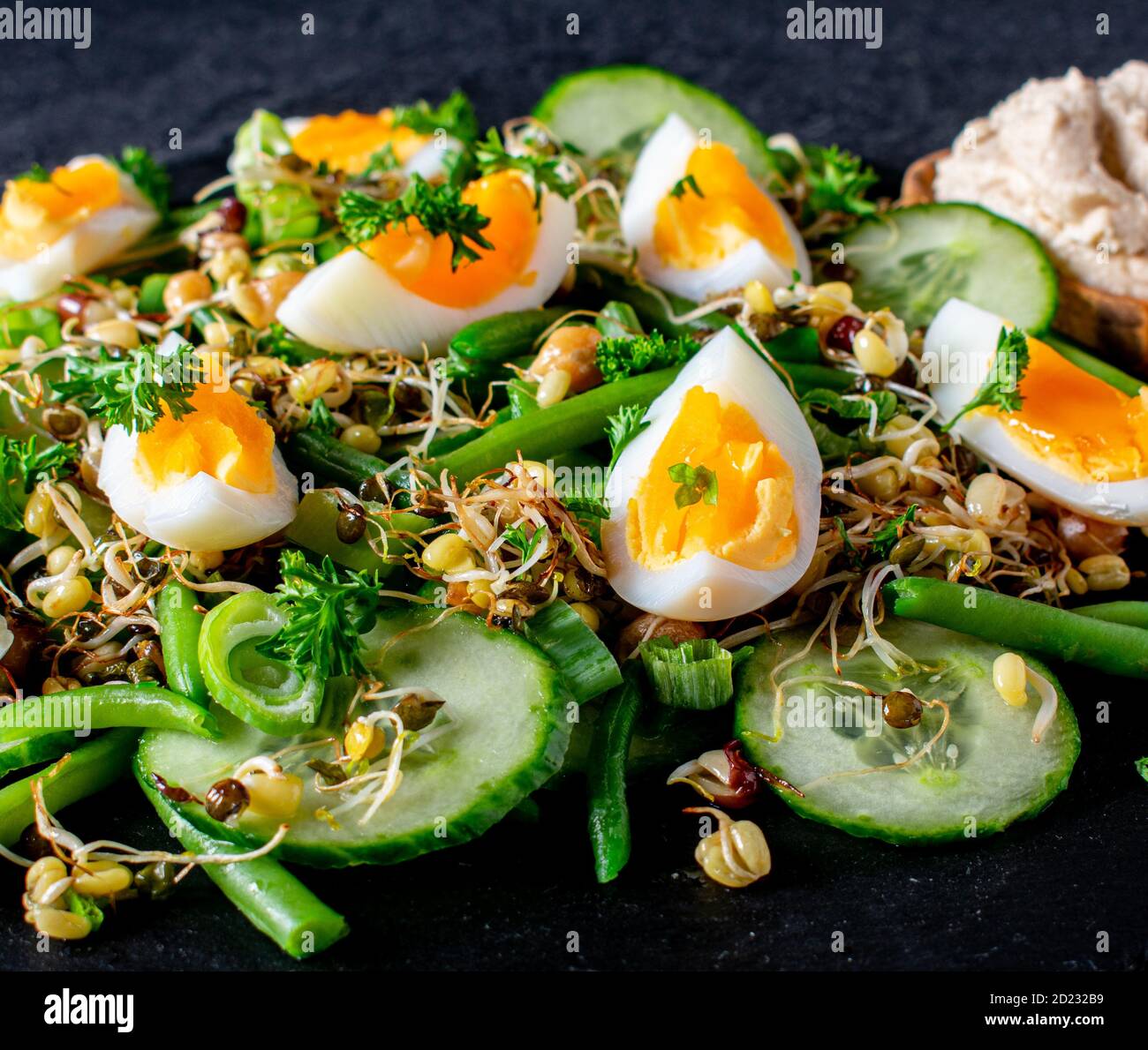 salade végétarienne avec légumes verts, œufs et pousses Banque D'Images
