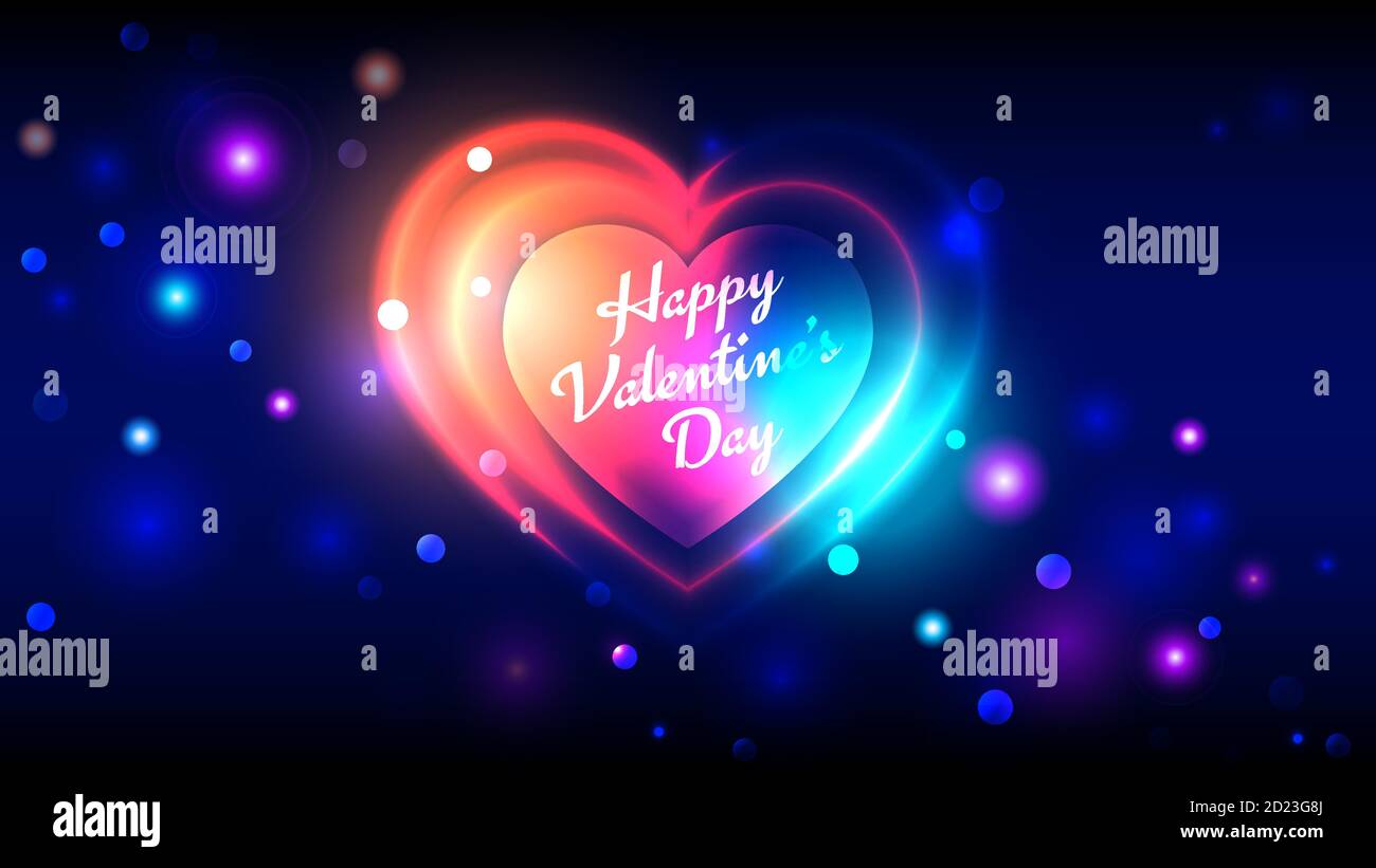 Cartes de vœux Happy Saint Valentin vecteur, coeur fluo coloré et lumineux sur fond bleu foncé bokeh Illustration de Vecteur