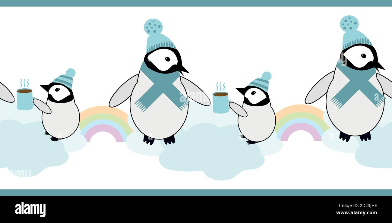 Joli Cadre Pour Bebe Pingouin Kawaii Banniere Avec Des Paires De Poussins D Empereur De Dessin Anime Dans Une Rangee Portant Des Chapeaux Des Foulards Partageant Une Boisson Chaude Dans Une Tasse Avec