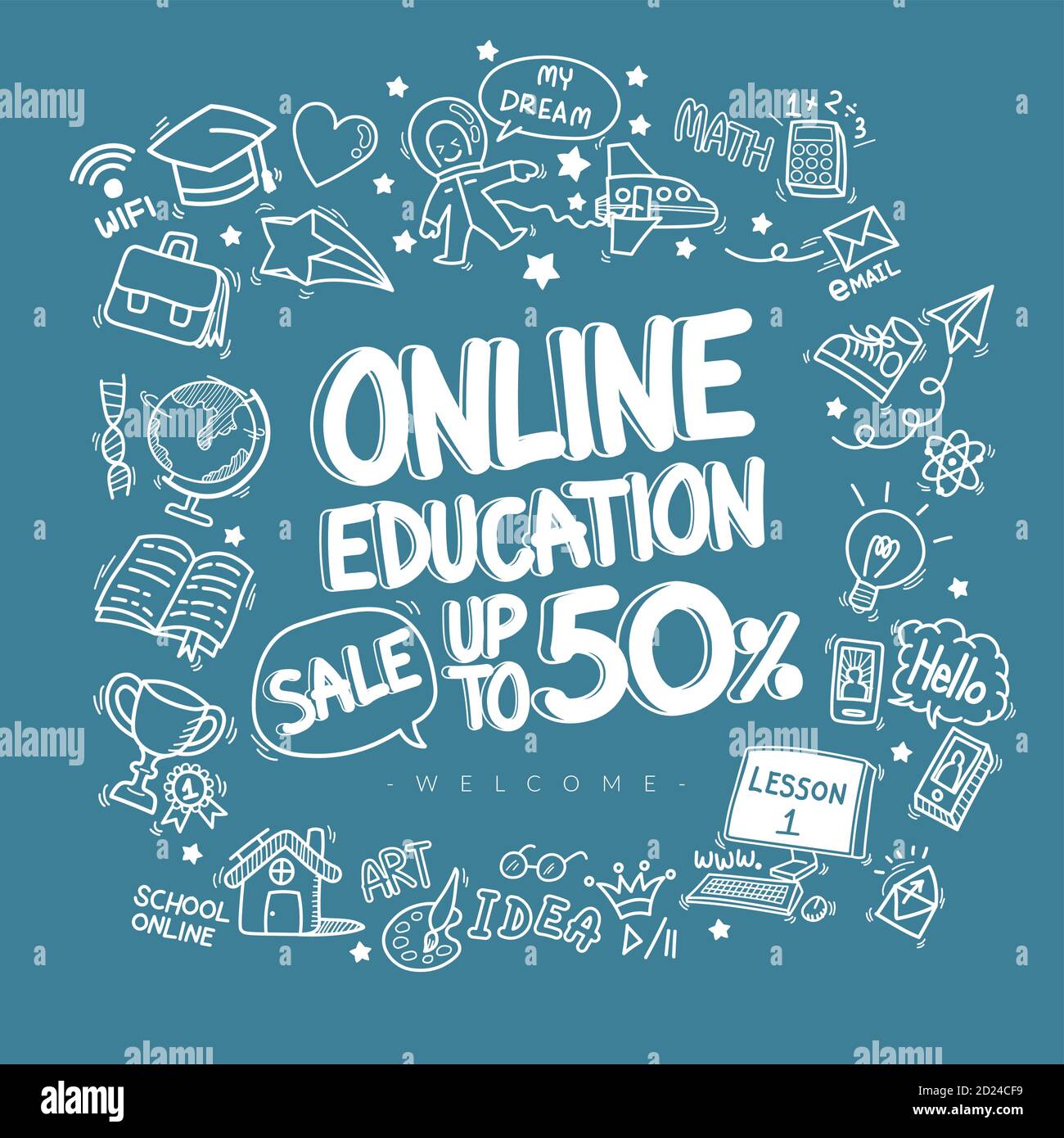 l'éducation en ligne discount dooodle icônes modèle arrière-plan. dessin à la main caricature éducation panneau et fournitures de papeterie article et symboles d'icône Illustration de Vecteur