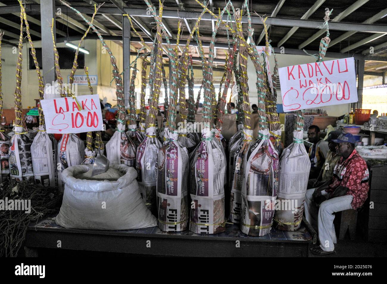 Légumes fidjiens emballés appelés « Kava ». Ses racines sont utilisées pour produire la boisson nationale des Fidji dans le Pacifique Sud. Les racines de Kava sont coupées et Banque D'Images