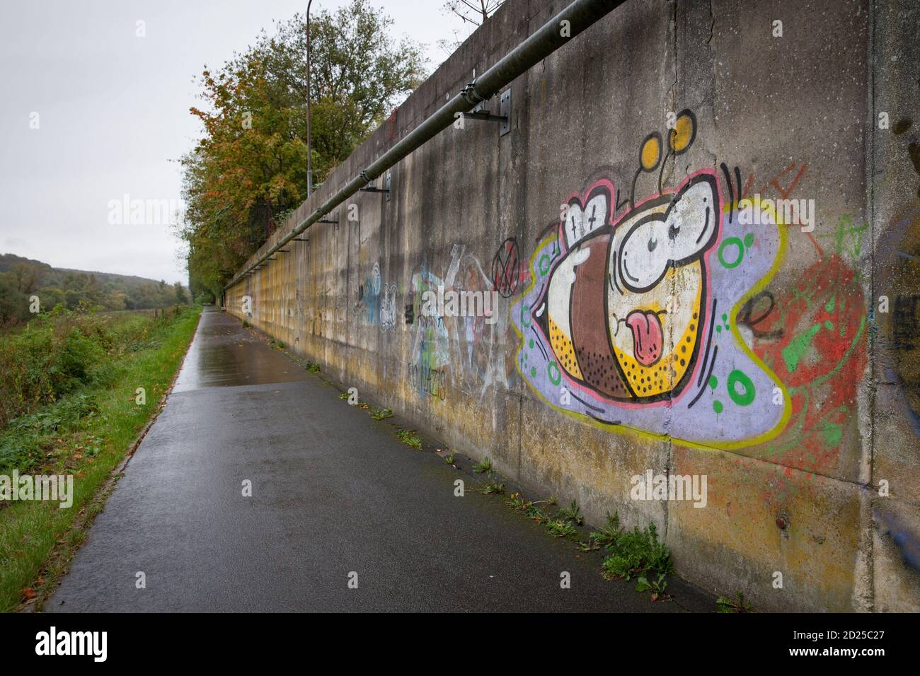 graffitis sur un mur à la piste cynique de la vallée de la Ruhr à Wetter-Wengern, région de la Ruhr, Rhénanie-du-Nord-Westphalie, Allemagne. Graffiti auf einer Mauer am Ruhrtalr Banque D'Images