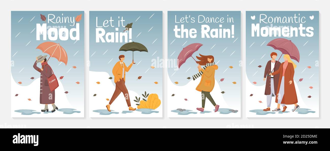 Ensemble de modèles vectoriels de couleur plat pour affiche d'humeur pluvieuse. Personnes avec parasols. Brochure, couverture, brochure concept d'une page avec personnages de dessin animé Illustration de Vecteur