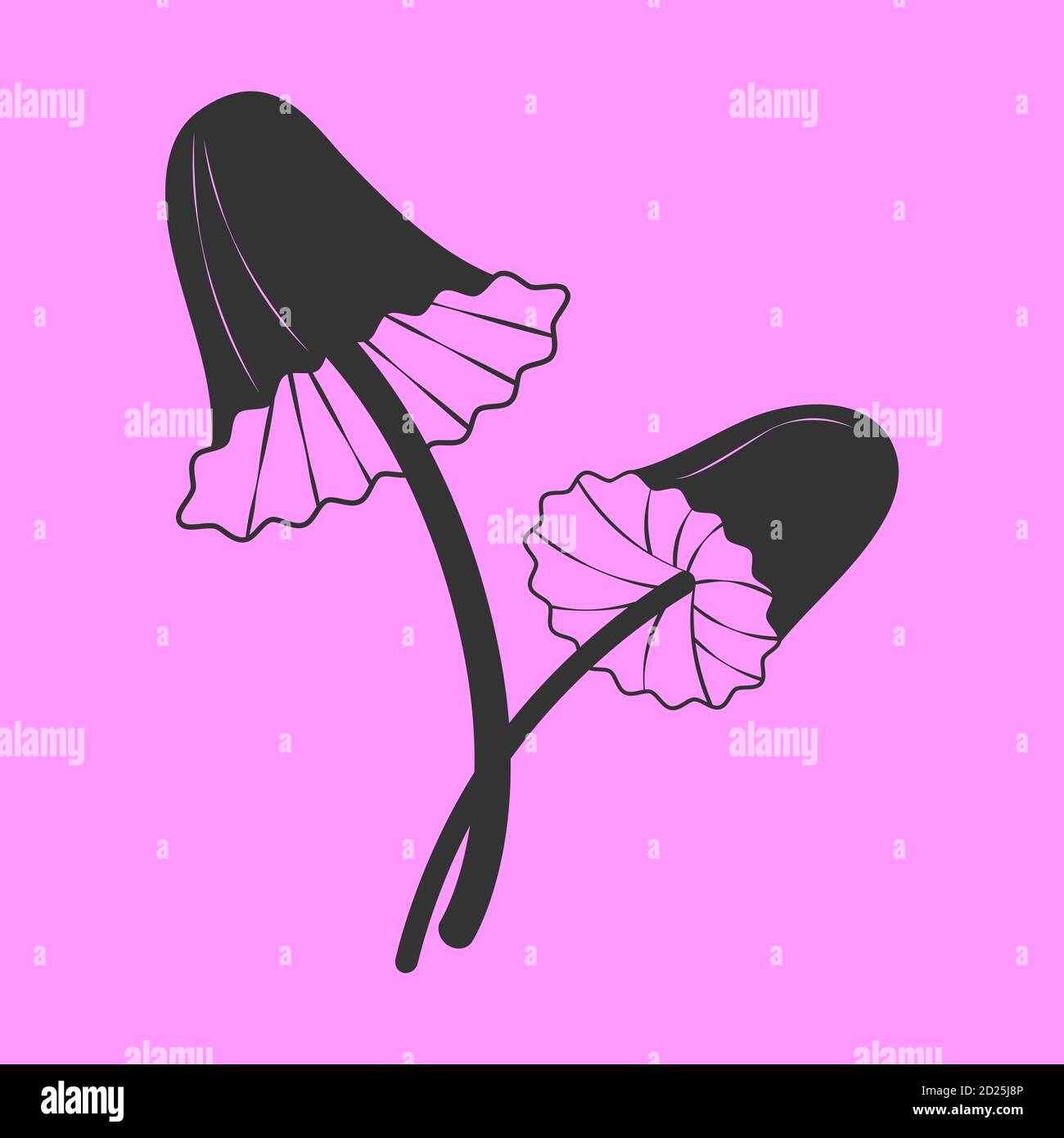 Icône en forme de champignon psilocybin, silhouette noire dans un style de dessin animé plat, illustration dessinée à la main. Vecteur eps 10. Fond violet Illustration de Vecteur