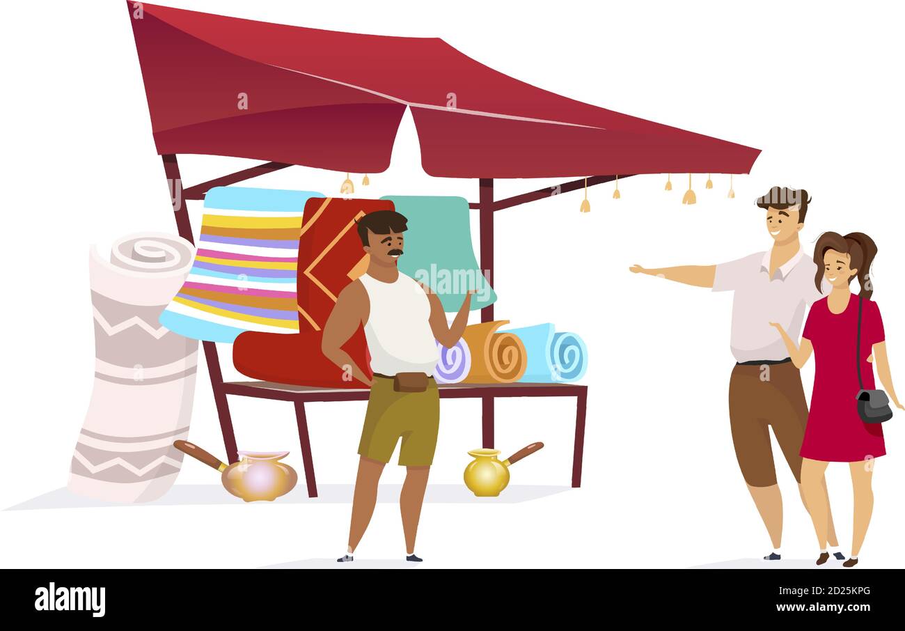 Couple de choix tapis persan plat couleur vecteur sans visage caractère. Marché d'Istanbul. Vendeur de bazar de l'est vendant des carpettes de sarouk faites à la main isolées Illustration de Vecteur