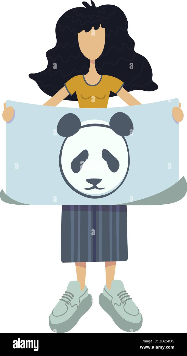 Illustration vectorielle de dessin animé plate sans gaspillage. La femme debout tient la bannière avec panda. Soins aux animaux. Modèle de caractères 2d prêt à l'emploi pour le commerce Illustration de Vecteur