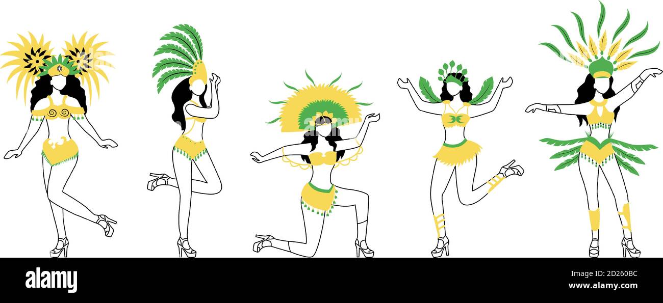 Ensemble d'illustrations vectorielles de la silhouette plate des danseurs de carnaval du Brésil. Les femmes en port de carnaval 2D isolé contour caractère sur fond blanc Illustration de Vecteur