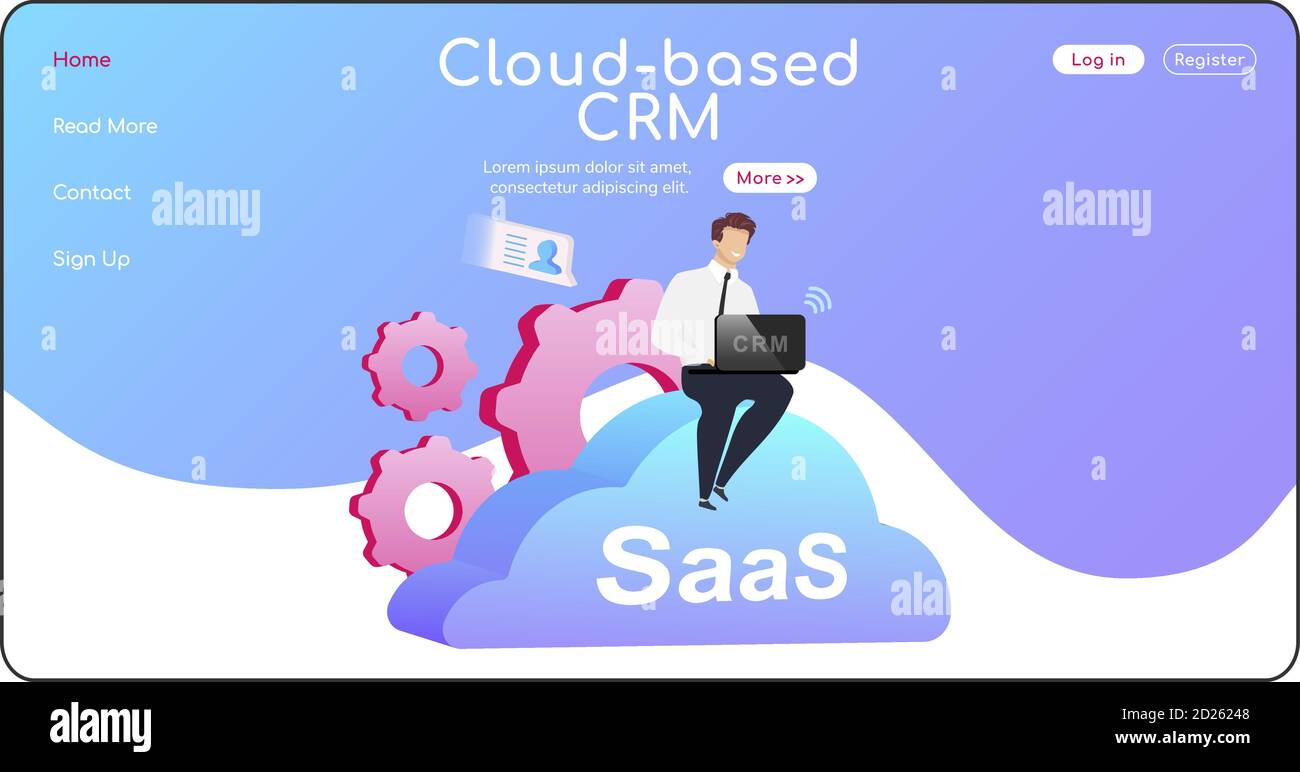 Modèle de vecteur couleur plat de la page de renvoi CRM basée sur le Cloud. Homme assis sur la page d'accueil du cumulus. Interface de site Web d'une page SaaS avec caricature Illustration de Vecteur