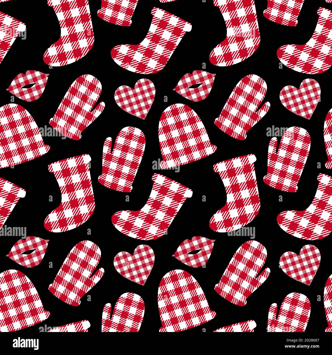 Bonnet et gants en forme de carreaux. Couleur Vichy rouge et blanc. Surface design Merry Christmas. Motif hiver sans coutures. Illustration vectorielle Illustration de Vecteur