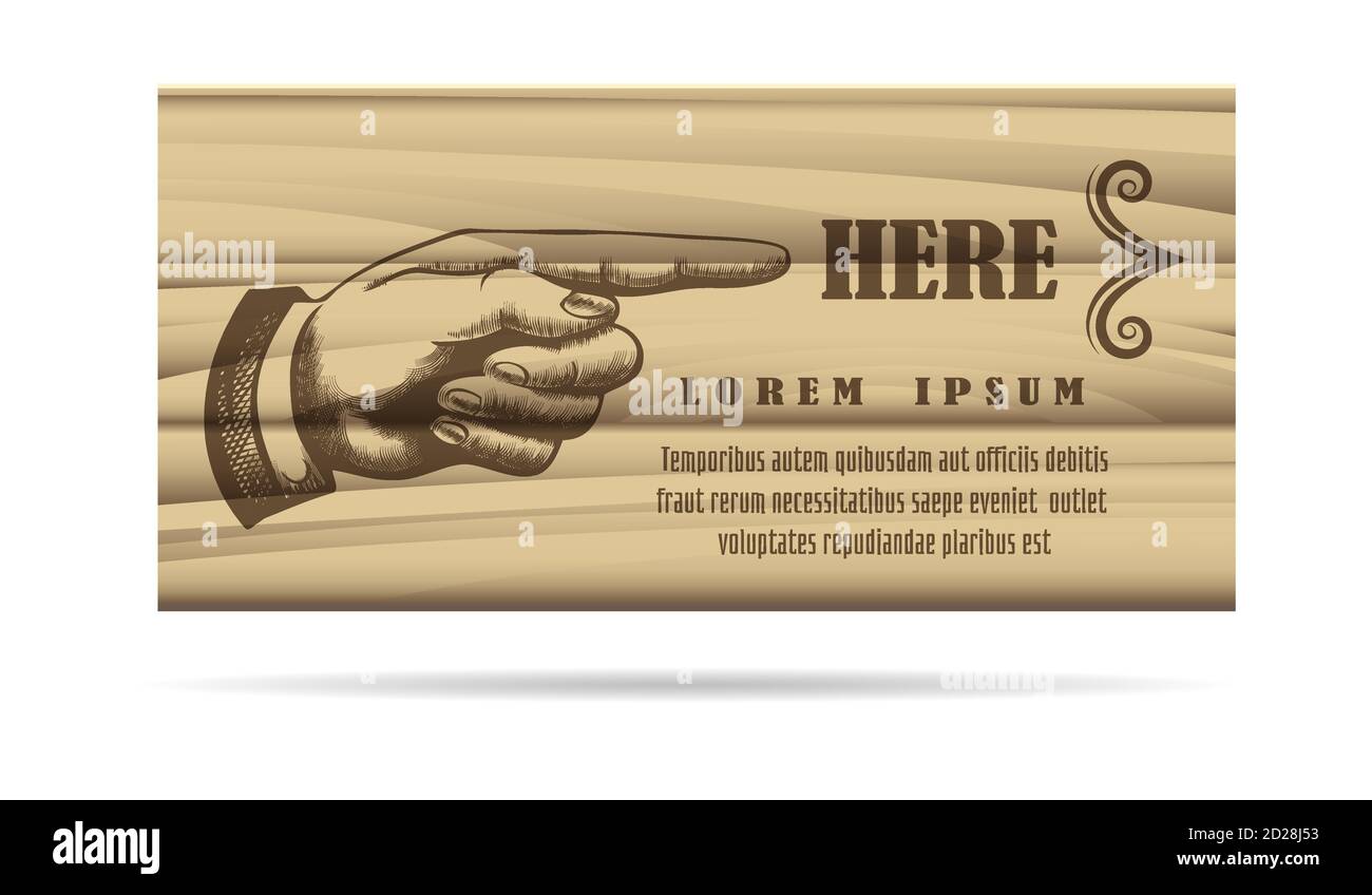 Doigt pointant sur un panneau en bois dessiné en style rétro. Illustration vectorielle. Illustration de Vecteur