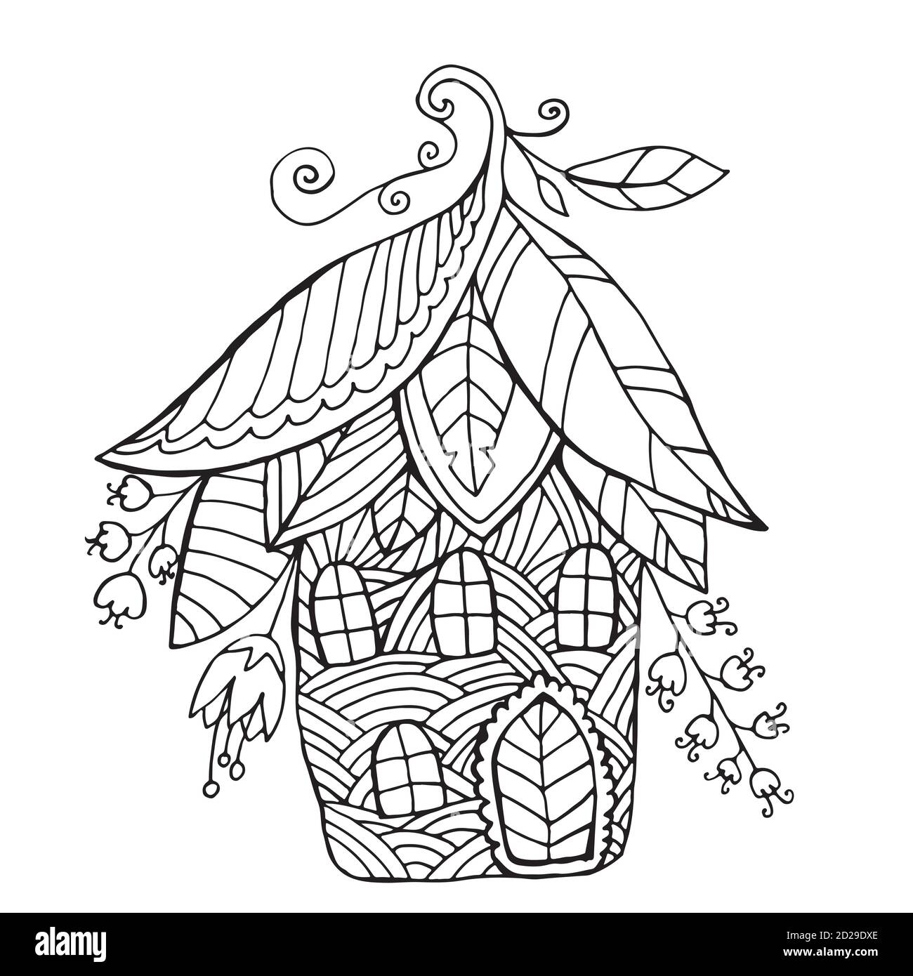 Maison de fées sous forme de fleurs et de feuilles, coloration des enfants Illustration de Vecteur
