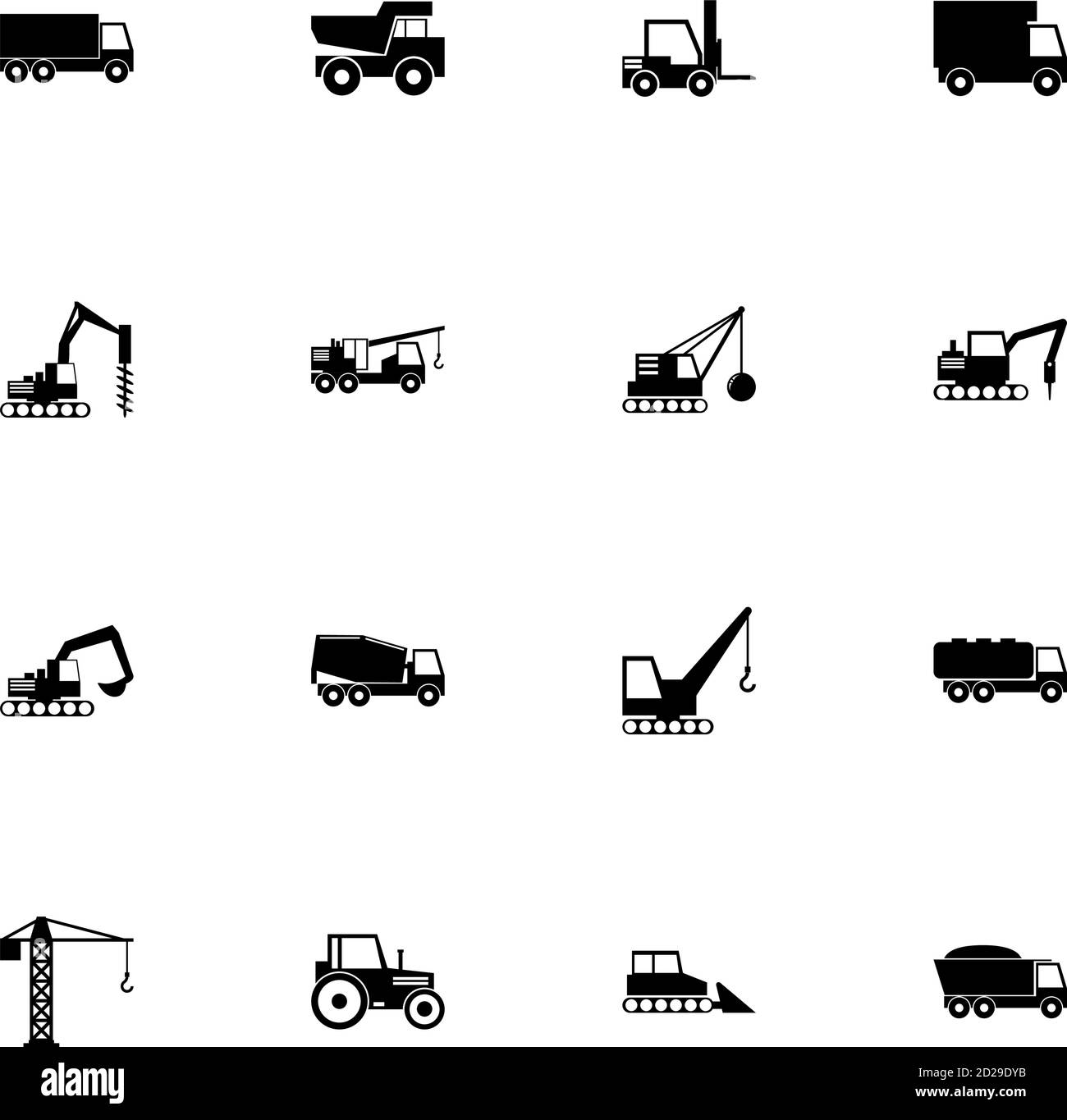 Icône des véhicules de construction - agrandissez à n'importe quelle taille - changez de couleur. Perfect Flat Vector contient des icônes telles que la grue de construction, le finisseur d'asphalte, le dril Illustration de Vecteur
