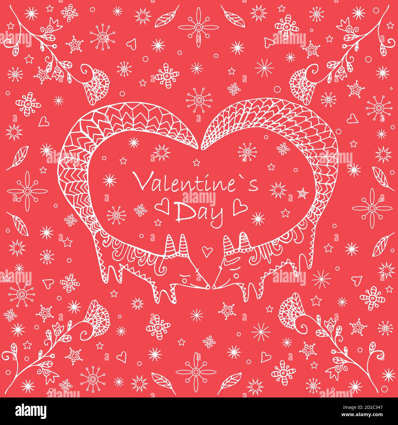 Carte de Saint-Valentin, style doodle. Deux renards ethniques mignons. Illustration de Vecteur