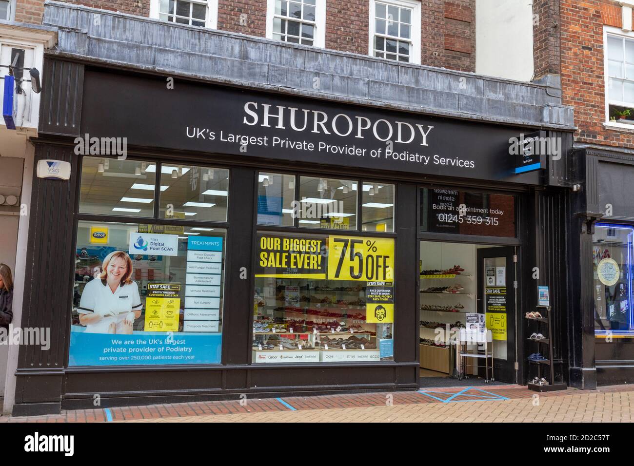 Le magasin de services de podiatrie de Shuropody à Chelmsford, Essex, Royaume-Uni. Banque D'Images