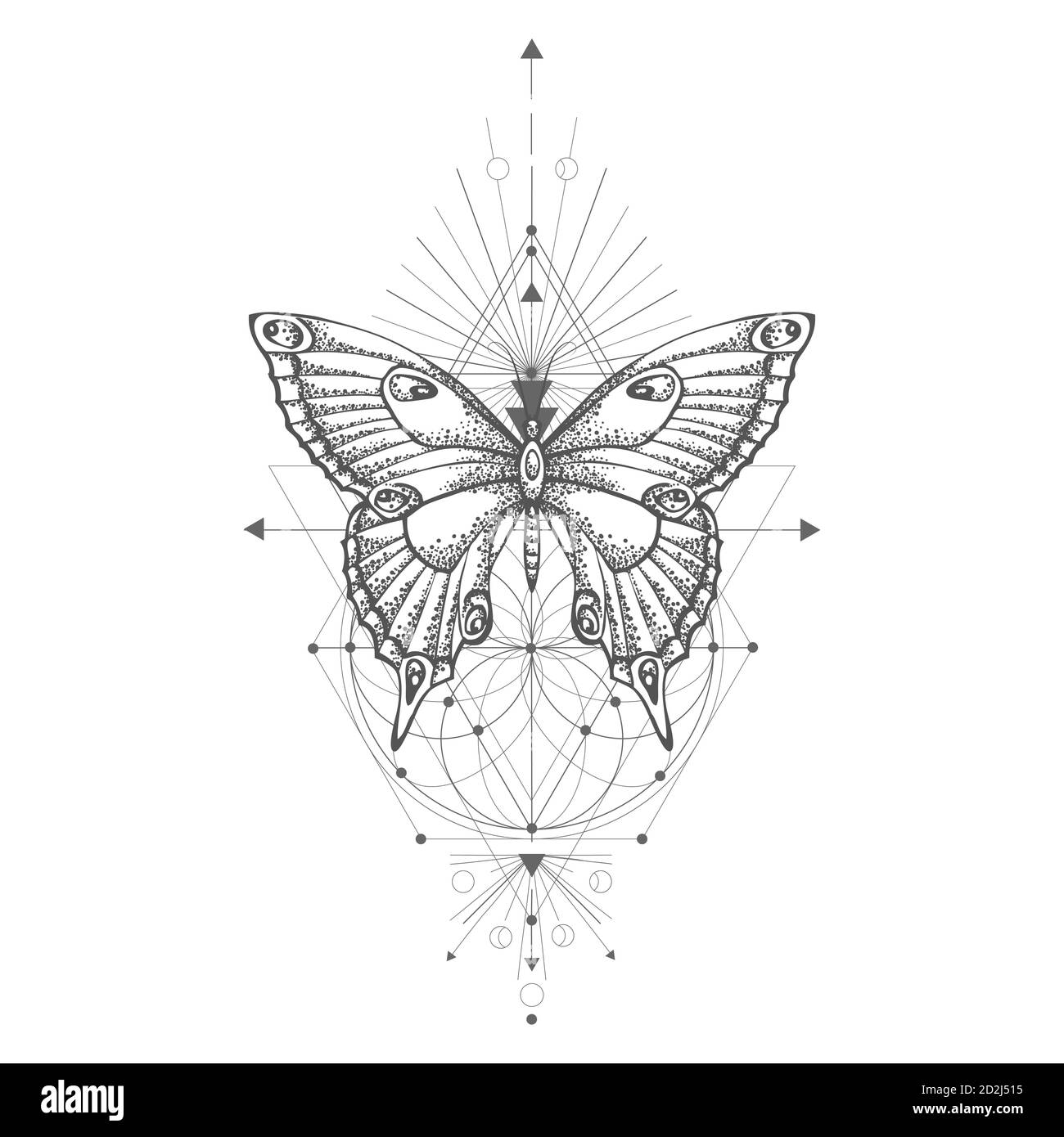 Illustration vectorielle avec papillon dessiné à la main et symbole géométrique Sacré sur fond blanc. Signe mystique abstrait. Forme linéaire noire. Pour vous desig Illustration de Vecteur