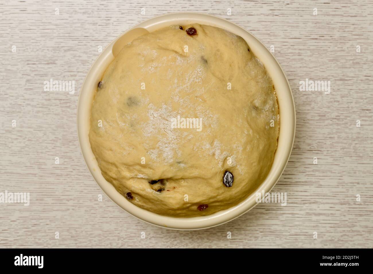 Pâte levée aérée relevée après l'ajout de raisins secs. Procédé de fermentation du mélange de farine avec additifs, avec garnitures. Banque D'Images