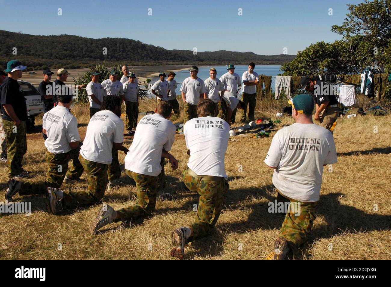 Australian rugby union players attend a training camp on Stradbroke Island,  east of Brisbane, August 6, 2007. The squad is attending the army boot camp  style training camp to build on fitness