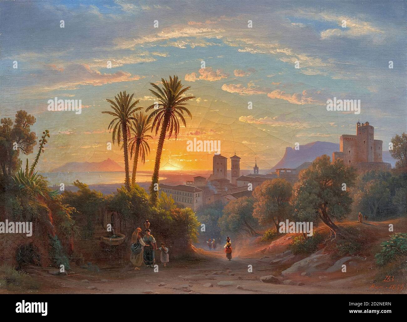 Bühlmann Johann Rudolf - Paysage sud-italien au coucher du soleil - École suisse - 19e siècle Banque D'Images