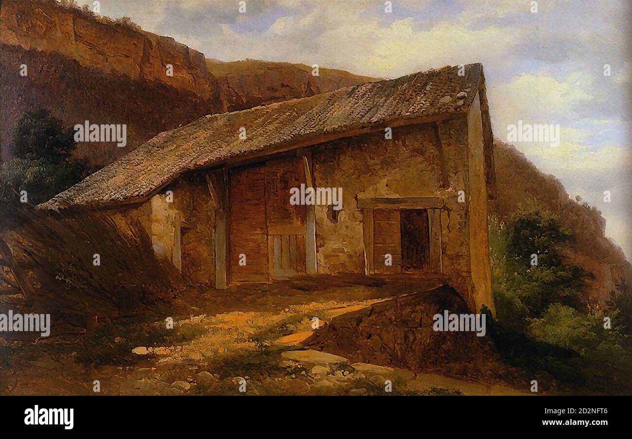 Calame Alexandre - une ferme sur le côté de A Mountain - Ecole suisse - 19e siècle Banque D'Images