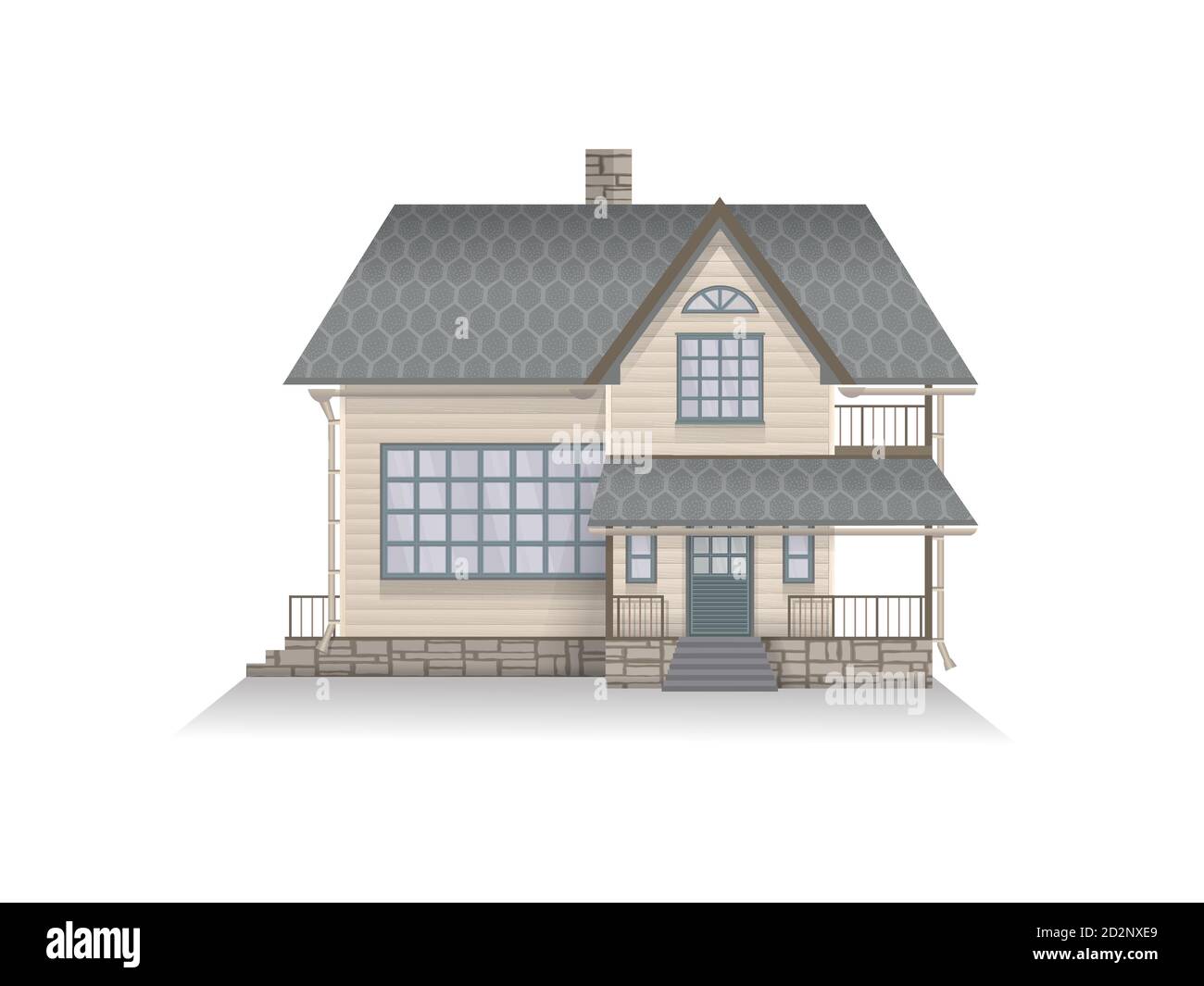 Illustration vectorielle de la maison familiale suburbaine détaillée avec mansarde. Maison en bois. Isolé sur fond blanc. Illustration de Vecteur