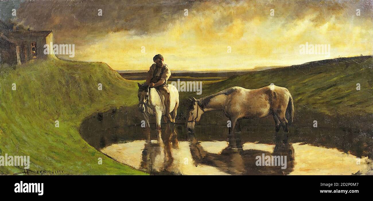 Segantini Giovanni - Paysage avec chevaux et petit garçon paysan - École suisse - 19e siècle Banque D'Images