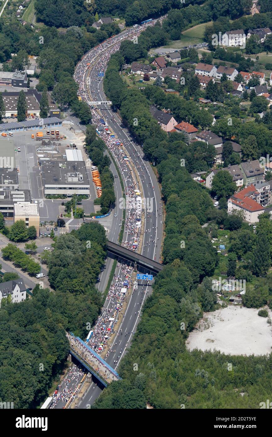 An aerial view shows a part of the 60 km (38 miles) long A40/B1 motorway in  downtown Bochum between the western German cities of Dortmund and Duisburg,  which has been turned into