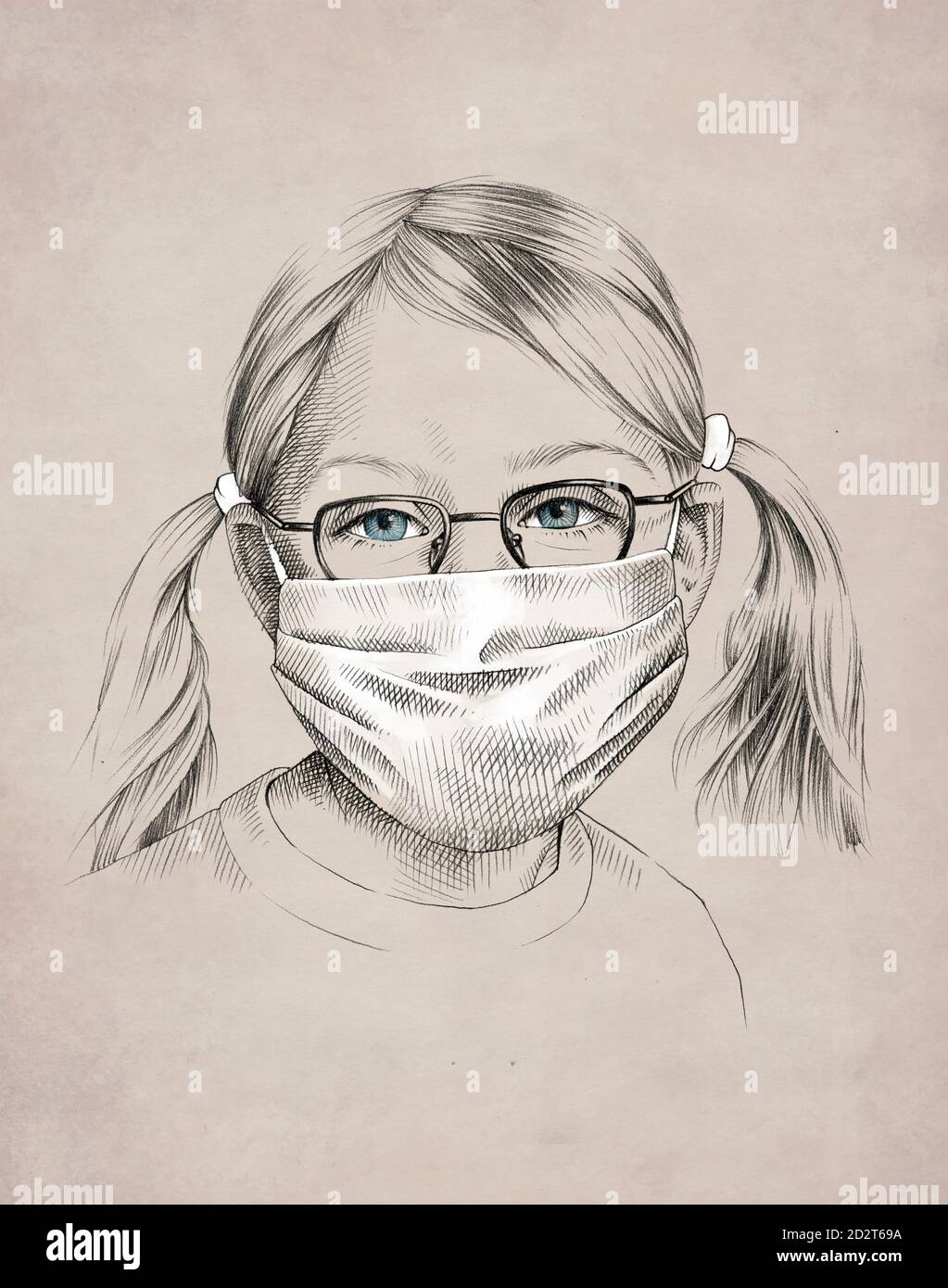 Dessin d'une adorable petite fille avec des lunettes aux yeux bleus porter un masque de protection pendant une pandémie de coronavirus Banque D'Images