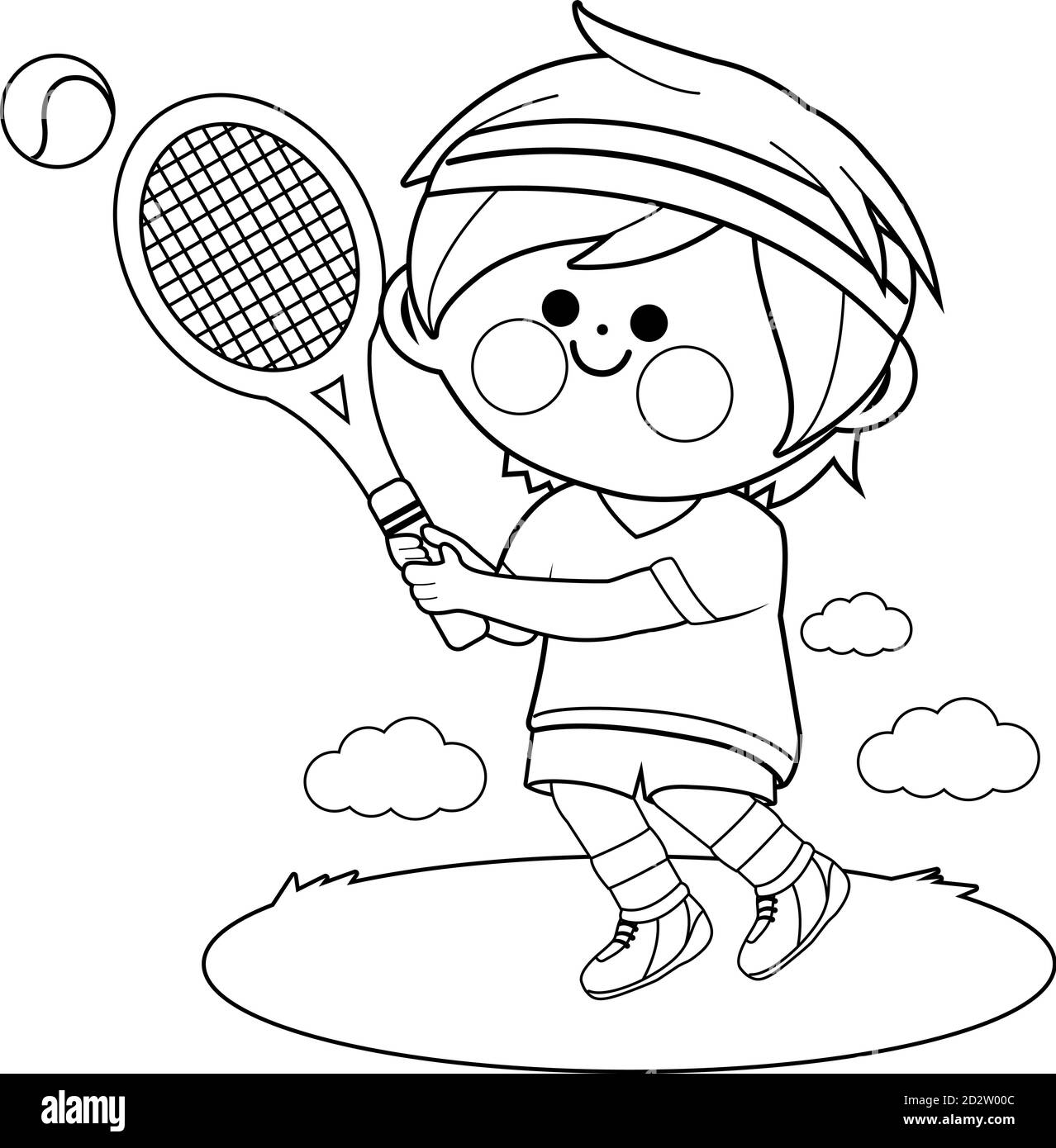 Garçon jouant au tennis. Page de livre de coloriage noir et blanc vectoriel Illustration de Vecteur